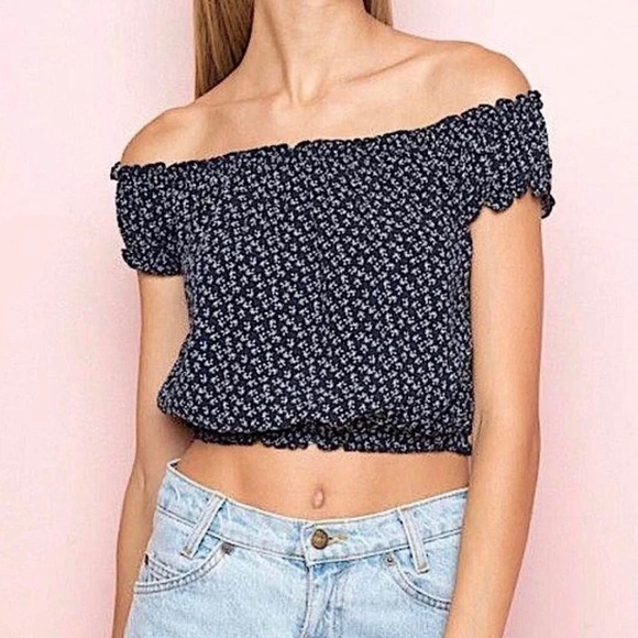 Brandy Melville Tops - Brandy Melville Off the Shoulder Floral Rio Crop Top in Navy Blue, One Size